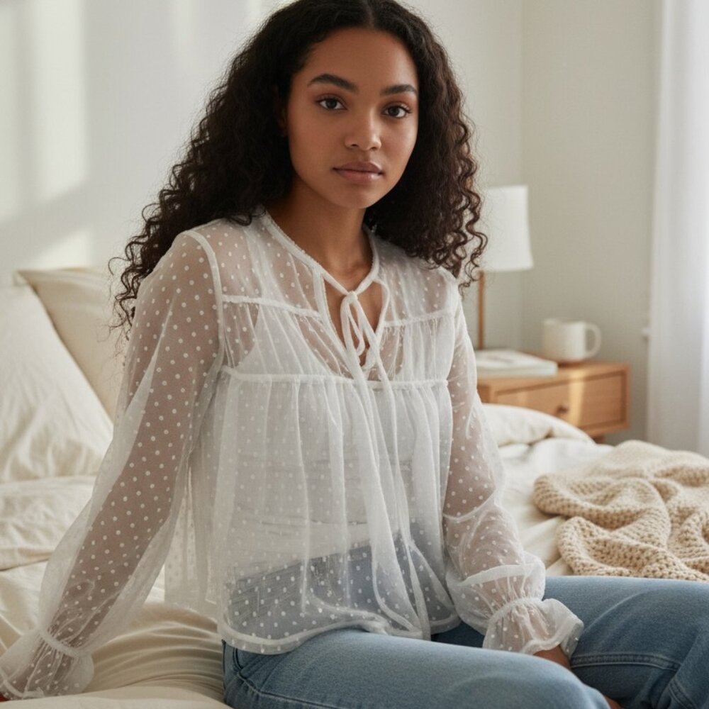 Impulsive Sheer Polka Dot Mesh High Low Front Tie Top Medium